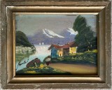 Tablou / lucrare, ulei pe carton , 30x25 / 23x17, cu rama, semnatura indescifrabila in partea stanga / peisaj lacustru