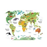 Sticker Decorativ Educativ - Harta Animata a Lumii cu Animale, CBD CORAL BEST DEALS Alb 60 cm 90 cm 60 cm Alb 1 Set Stickere