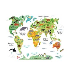 Sticker Decorativ Educativ - Harta Animata a Lumii cu Animale, CBD CORAL BEST DEALS Alb 60 cm 90 cm 60 cm Alb 1 Set Stickere