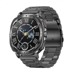 Smartwatch iSEN ET492, Curea de otel negru, 1.43 AMOLED HD, HRV, ECG, Monitorizare sanatate, Functii sport, Bluetooth Call, 380 mAh, Android 5.0 or iO