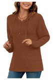 Tricou cu glugă pentru femei, cu șnur, model Henley, m&acirc;neci lungi, texturat, fără nasturi