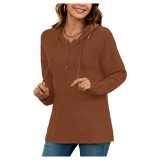 Tricou cu glugă pentru femei, cu șnur, model Henley, m&acirc;neci lungi, texturat, fără nasturi