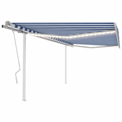 vidaXL Copertină retractabilă manual, cu LED, albastru și alb 4,5x3 m foto