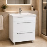 Baza si lavoar ceramic GN0541, mobilier baie stativ 60 cm, front MDF, 2 sertare, picioare cromate reglabile, alb