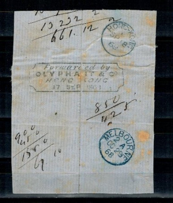 1868 - Fragment de plic circulat Hong-Kong - Melbourne foto