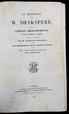 LE MEMORIAL DE W. SHAKSPERE par CHARLES LAMB - PARIS, 1842 foto