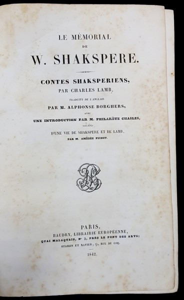 LE MEMORIAL DE W. SHAKSPERE par CHARLES LAMB - PARIS, 1842