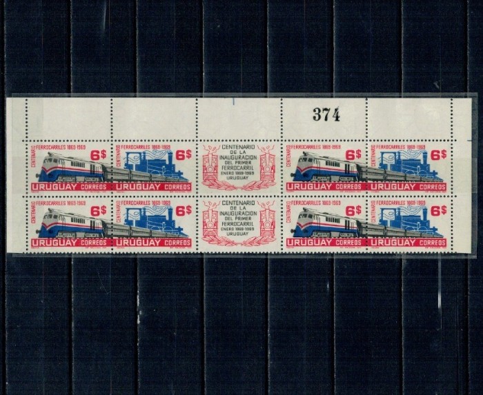 Uruguay 1969 - Căile ferate, locomotive, serie in bloc de 4 cu viniete, neuzat