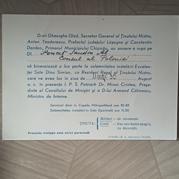 INVITATIE PENTRU CONSULUL POLONIEI PONCET SANDON LA SOLEM. INST.LUI DINU SIMION.