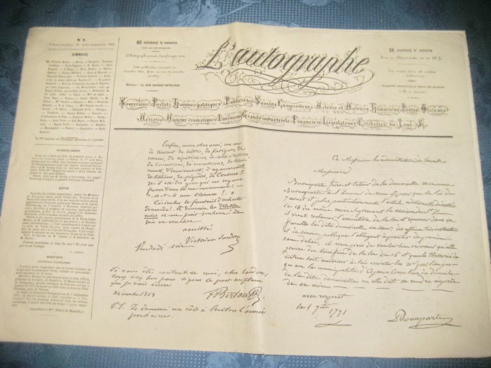 B67-I-L&#039; Autographe Ziar vechi Franta 10 Dec. 1863. Stare foarte buna.