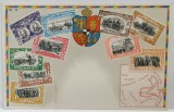 CROMOLITOGRAFIE CU 10 TIMBRE CU MOMENTE DIN VIATA SI ACTIVIATEA REGELUI CAROL I AL ROMANIEI , STEMA REGALA A ROMANIEI , SI HARTA ROMANIEI DUPA MIC