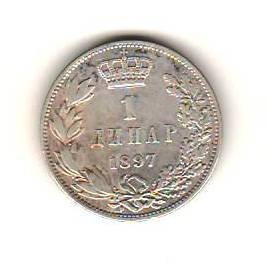 SV * SERBIA (Iugoslavia) * 1 DINAR / DINARA 1897 * ARGINT * Regele Petar I * XF