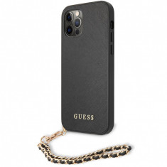 Husa Piele Guess Saffiano Gold Chain pentru Apple iPhone 12 / Apple iPhone 12 Pro, Neagra GUHCP12MSASGBK