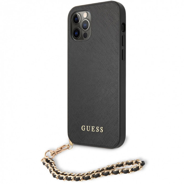 Husa Piele Guess Saffiano Gold Chain pentru Apple iPhone 12 Pro Max, Neagra GUHCP12LSASGBK