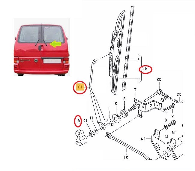 Brat stergator luneta VW Transporter (T4)/Caravelle/Multivan, 07.1990-03.2003, Versiune usa spate Dubla, Spate, partea Dreapta, cu lamela stergator 4