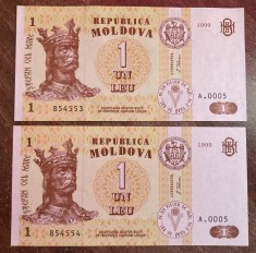 B11 5 - Bancnota foarte veche - Moldova - 1 leu - 1999 - serii consecutive