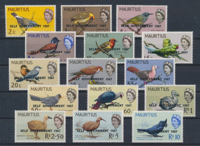MAURITIUS 1967-Serie completa de 15 timbre nestampilate cu supratipar MNH