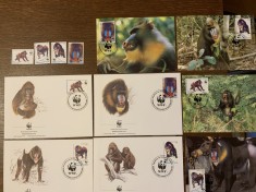 guineea equatoriala - maimute - serie 4 timbre MNH, 4 FDC, 4 maxime, fauna wwf