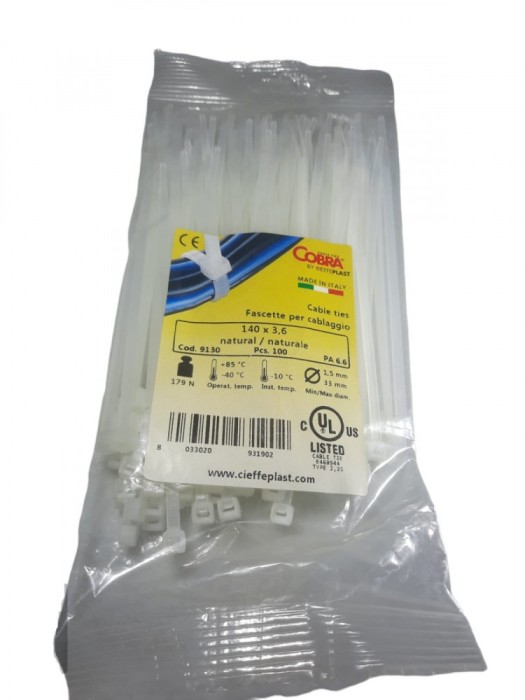 Set 100 buc colier cablu 140x3.6mm din plastic alb Cobra 9130