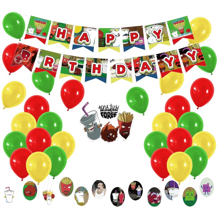 Set de petrecere cu 18 baloane din latex de 30 cm, 12 toppere pentru briose, 1 topper pentru tort si banner Happy Birthday Aqua Teen Hunger Force Mult