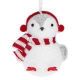 Ornament Brad Crăciun, Pinguin, Alb, Fular Dungi Roșu, Căști Roșii, 13cm, Oem
