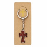 Breloc religios cruce decorativa cu snur textil impletit si margele din lemn, accesoriu crestin pentru chei sau rucsac
