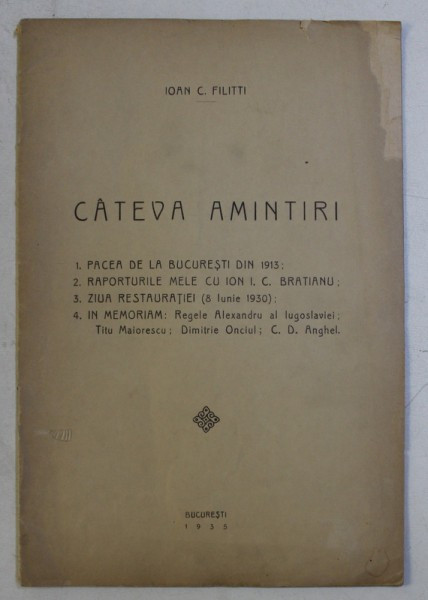CATEVA AMINTIRI de IOAN C . FILITTI , 1935