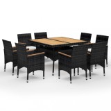 Set mobilier gradina, 9 piese, negru, poliratan si lemn acacia