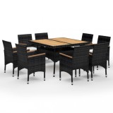 Set mobilier de grădină, 9 piese, negru, poliratan/lemn acacia