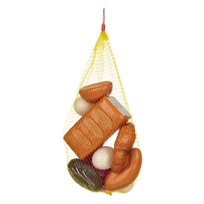 Set de joaca, Plasa cu alimente de patiserie si oua din plastic, 16x16x36cm, 11 piese, multicolor