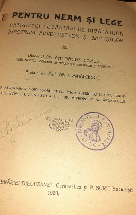 PENTRU NEAM SI LEGE.40CUVANTARI IMPOTRIVA ADVENTISTILOR SI BAPTISTILOR GH. COMSA