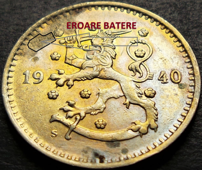 Moneda istorica 1 MARKKA - FINLANDA, anul 1940 *cod 535 B = EROARE EXFOLIERE