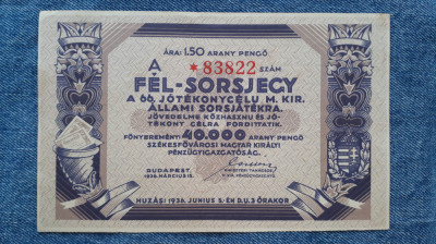 1.5 Arany Pengo 1936 Ungaria - Bilet de loterie Fel-sorsjegy foto