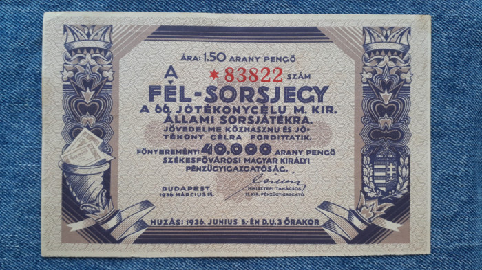 1.5 Arany Pengo 1936 Ungaria - Bilet de loterie Fel-sorsjegy