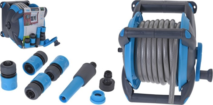 Tambur furtun de gradina 15 m cu suport de perete si accesorii , set complet pentru udare