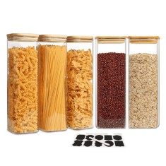 Set de 5 recipiente pătrate din sticlă borosilicată, cu capace bambus Koken &ndash; depozitare alimente - 5 Recipiente 2L