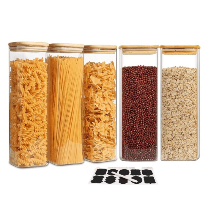 Set de 5 recipiente pătrate din sticlă borosilicată, cu capace bambus Koken &ndash; depozitare alimente - 5 Recipiente 2L