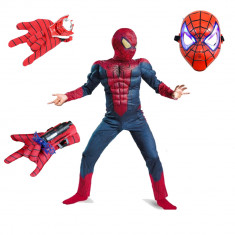 Set costum Spiderman cu muschi, pentru 5-7 ani, 2 lansatoare si masca plastic LED, rosu