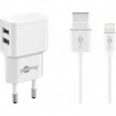 Incarcator retea Goobay, 2.4 A, dual, USB, cablu lightning, Alb foto