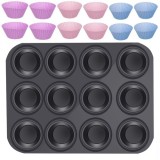 Set tava copt si 12 forme pentru briose, tava teflon, forme silicon, strat antiaderent