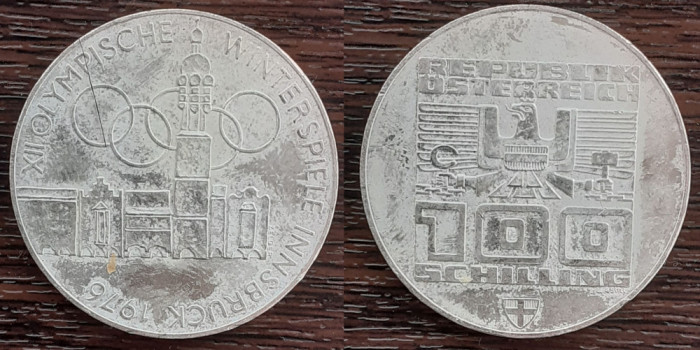 (A227) MONEDA DIN ARGINT AUSTRIA- 100 SCHILLING 1976,JOCURILE OLIMPICE INNSBRUCK