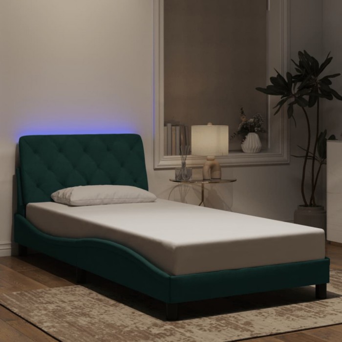 vidaXL Cadru de pat cu lumini LED, verde &icirc;nchis, 100x200 cm, catifea 3213840
