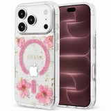 Husa MagSafe pentru Apple iPhone 18 Pro Max / 17 Pro Max, Guess, Resin Flowers and Glitter, Roz