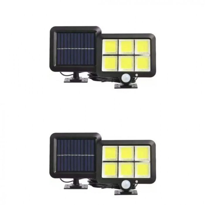 Комплект 2 соларни лампи 128 LED, 30W, сензор за движение, кабел 5 метра, автономност 8ч.