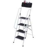 HOMCOM Scară pliabilă 4 trepte XL cu trepte antiderapante, bare duble de siguranță, geantă scule, max.1,55 m, 150 kg, otel, alb/negru | Aosom Romania