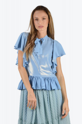 Bluza sky blue din matase cu volane foto