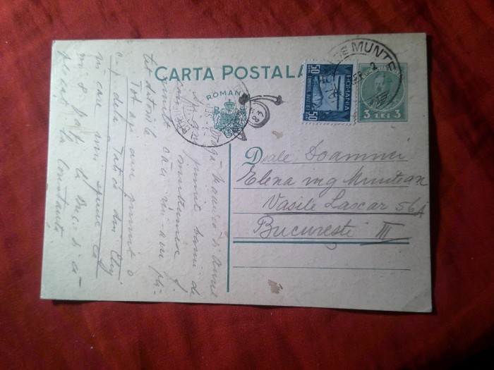 Carte Postala circulat 1934 Valenii Munte- Bucuresti , goarna mare 48 Timbru fix 3 lei Carol II si Timbrul Aviatiei