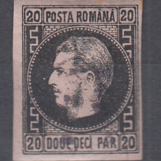 ROMANIA1866 LP 20 a CAROL FAVORITI 20 PARALE NEGRU/ROZ HARTIE SUBTIRE STAMPILAT