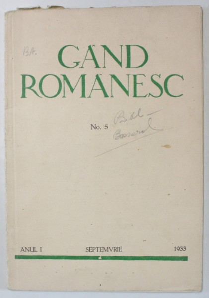 GAND ROMANESC , REVISTA DE CULTURA EDITATA DE &#039; ASTRA &#039; , ANUL I , No. 5 , SEPTEMBRIE , 1933
