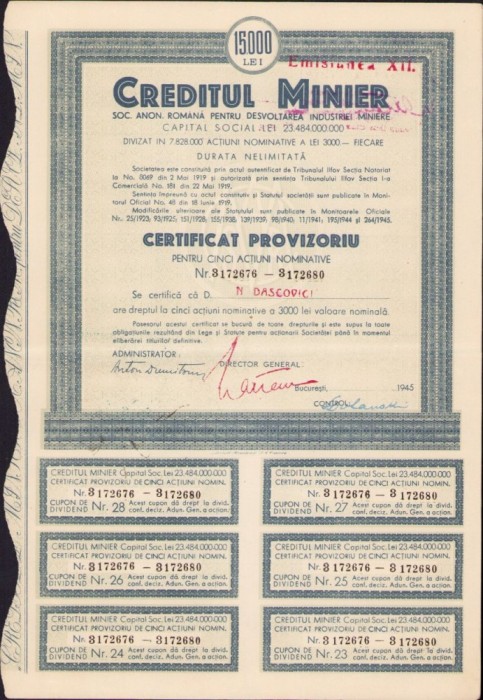 A531 Acțiune Creditul Minier pe numele academicianului Nicolae Dașcovici